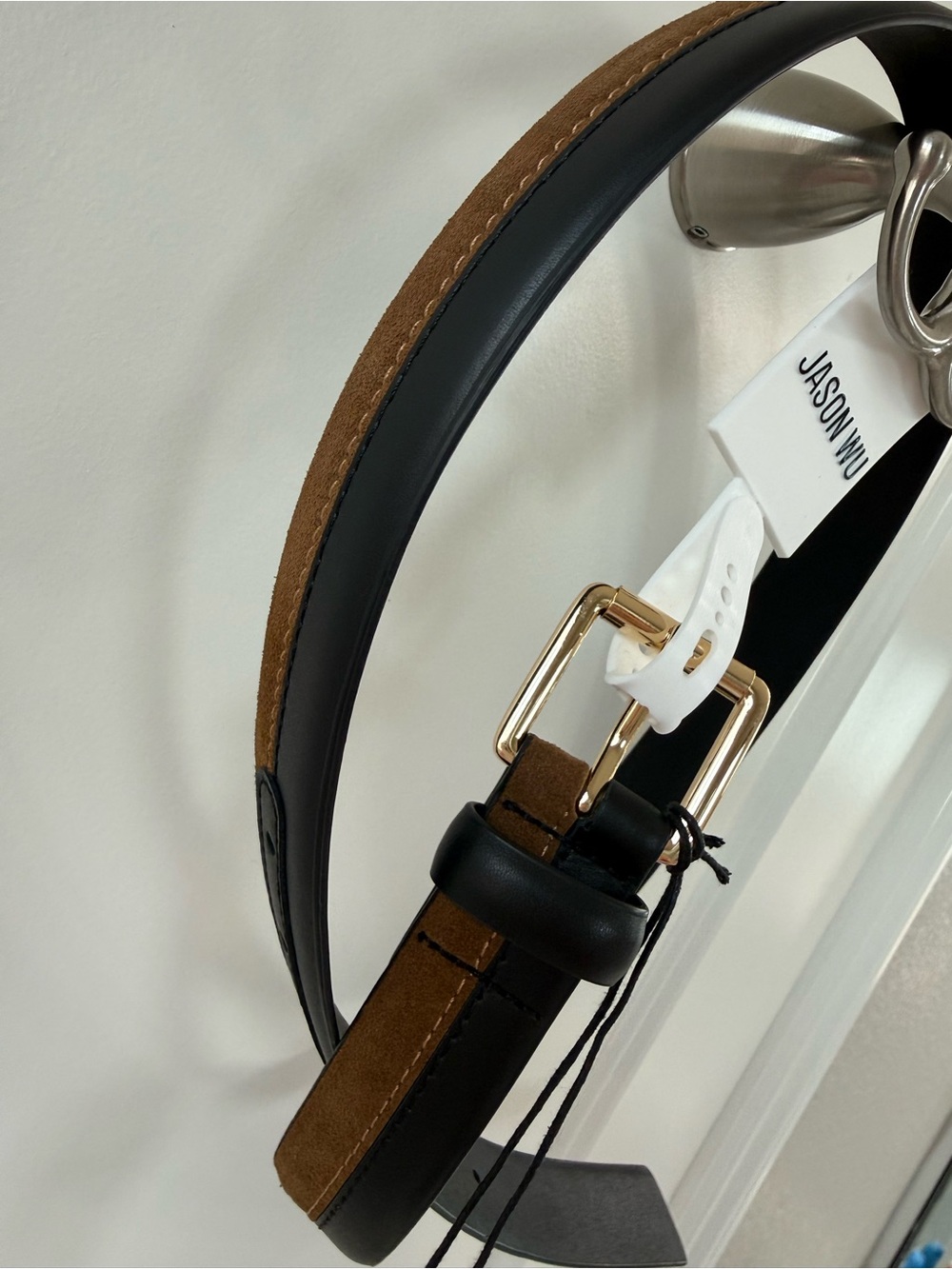 Jason Wu Two-Tone Black and Brown Leather Belt with Gold Buckle NWT